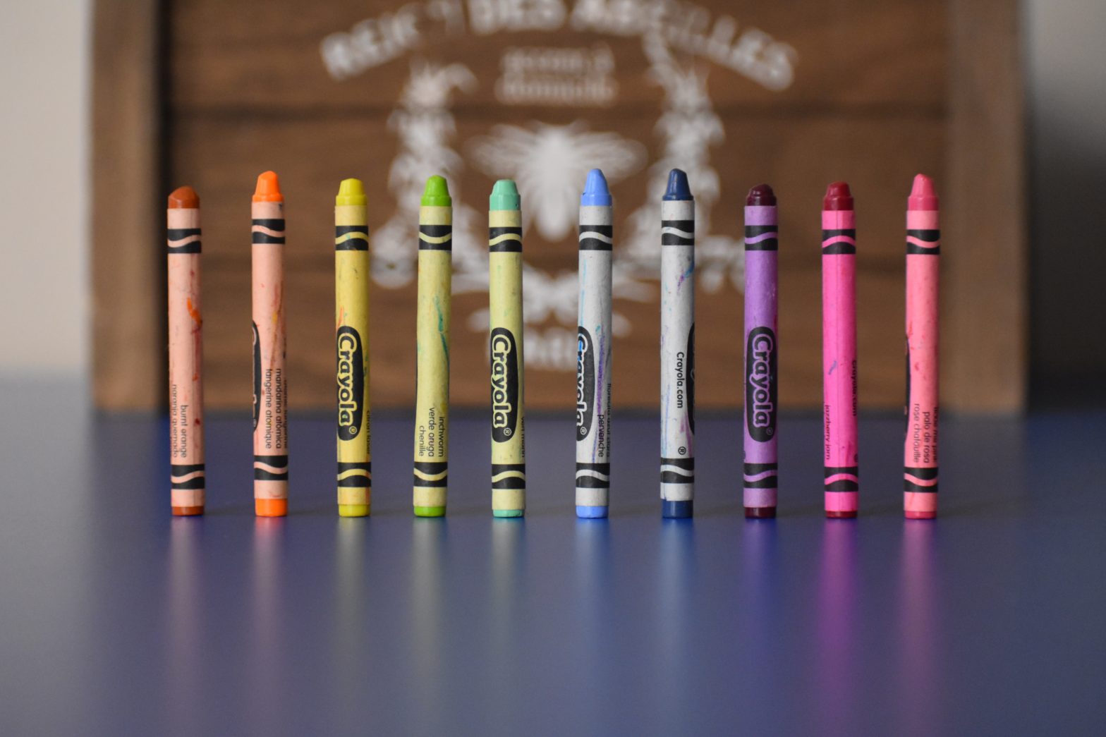 10 kids crayons standing tall